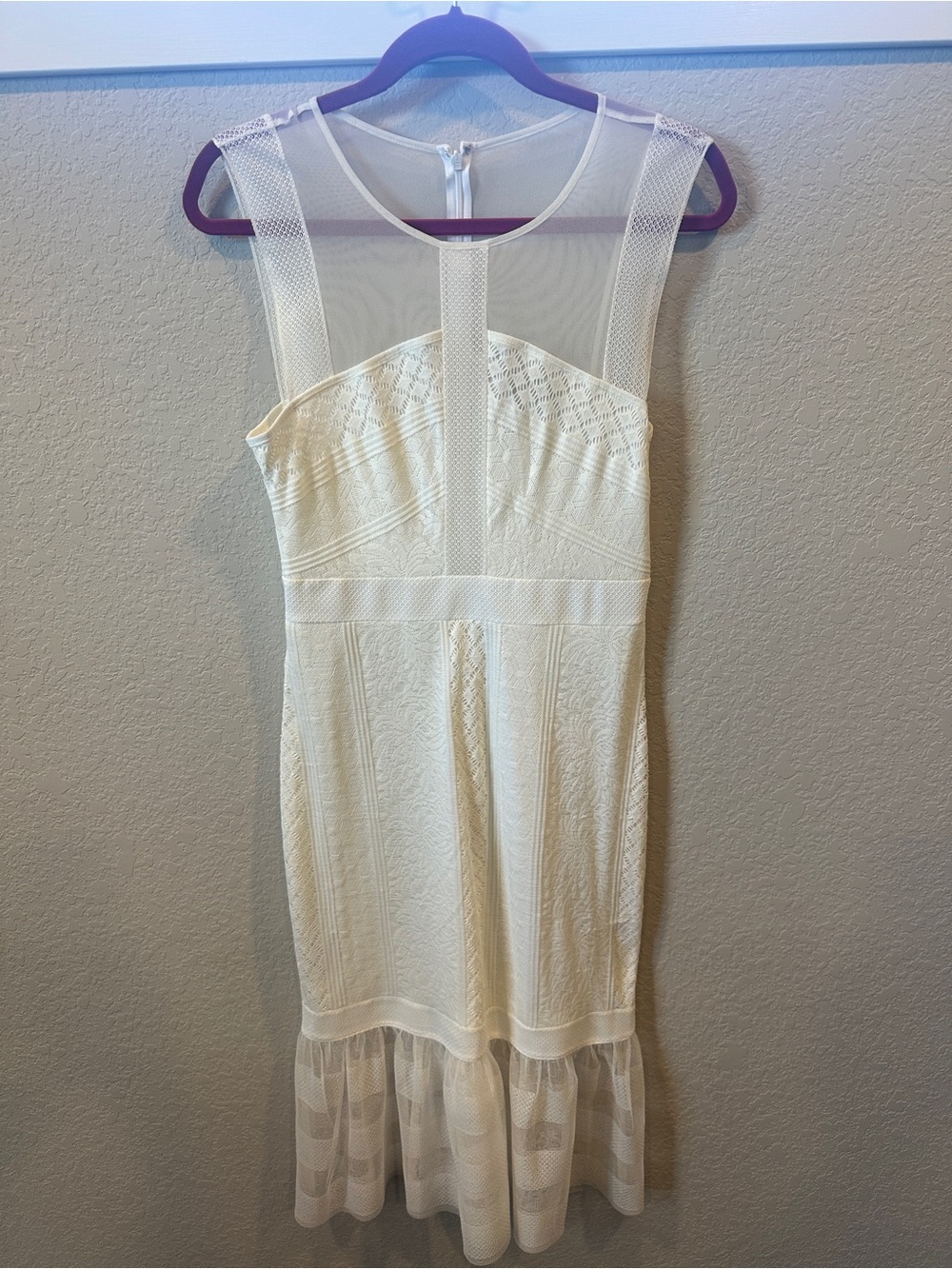 BCBGMaxAzria Cream Lace and Mesh Midi Dress